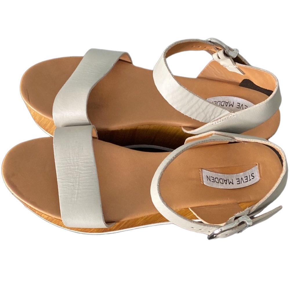 Steve Madden Cream Leather Platform Wedge Sandals - Picture 9 of 9